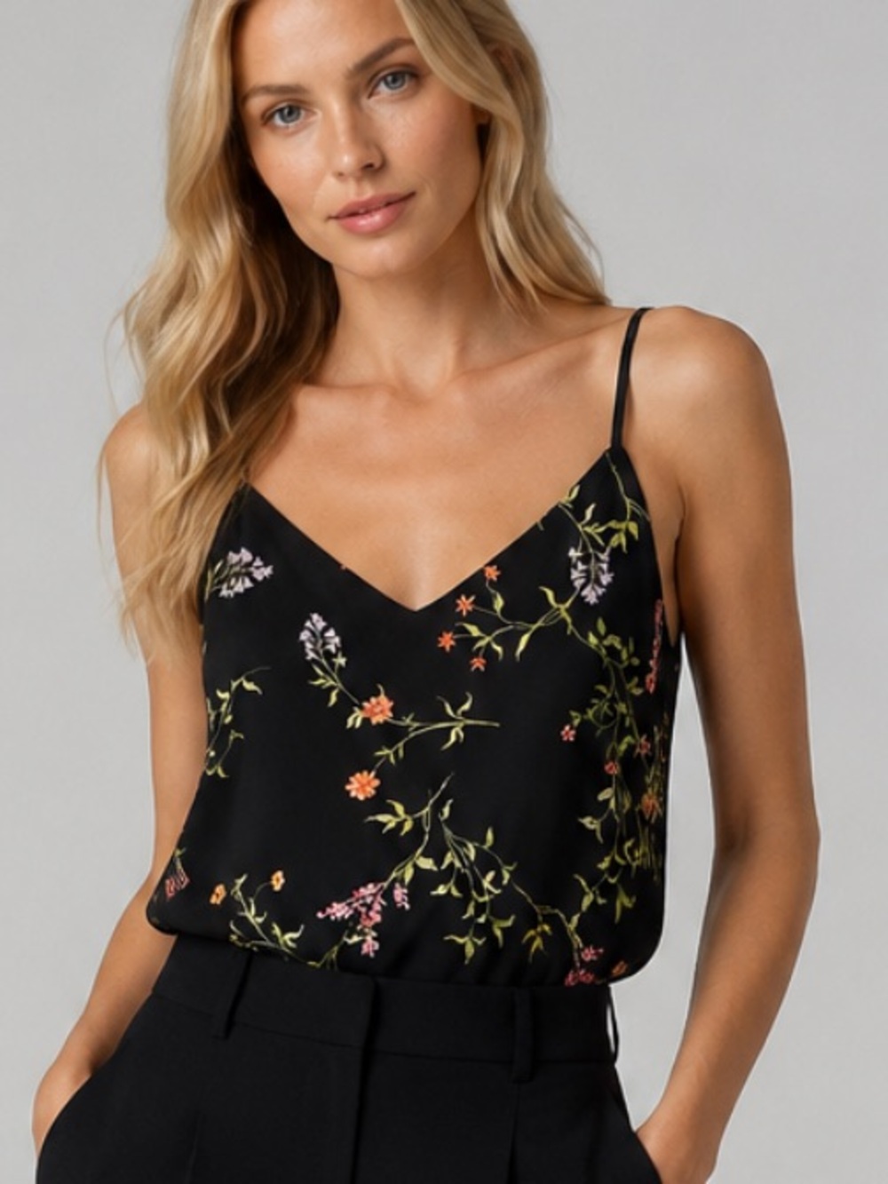 L’Agence Silk Crepe Floral Print Sleeveless V-Neck Camisole Tank Top in Black